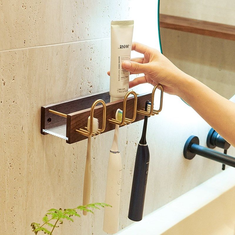 免打孔电动牙刷置物架高级感卫生间放牙膏牙杯收纳架子实木壁挂式