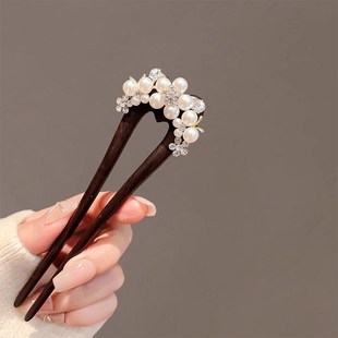 黑檀木u型双钗发簪古风女高级感中式旗袍簪子丸子头珍珠发钗头饰