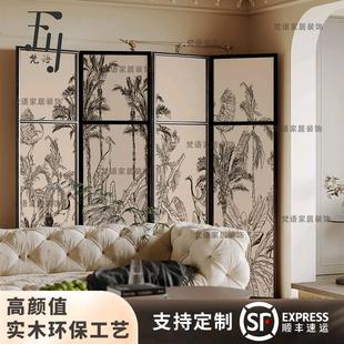 复古漆画屏风隔断客厅玄关折叠移动装 法式 饰遮挡中古实木背景折屏