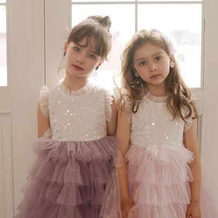 英国女童无袖亮片网纱蛋糕裙夏款钢琴表演主持礼服裙女孩公主裙