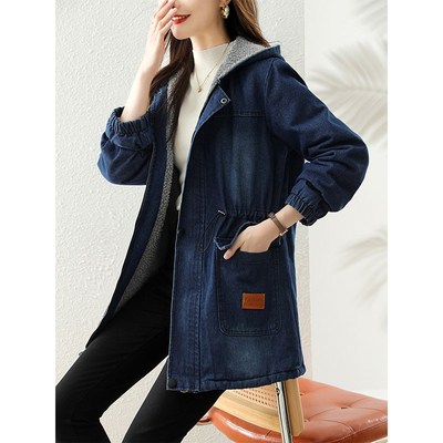 宽松大码棉服防风牛仔外套女2024冬季新款中长加绒加厚羊羔毛棉衣
