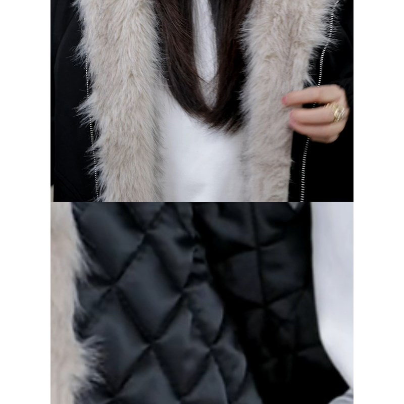 郭九九呢 贵气感宽松连帽拼接毛毛夹克棉服冬季外套加绒牛仔裤