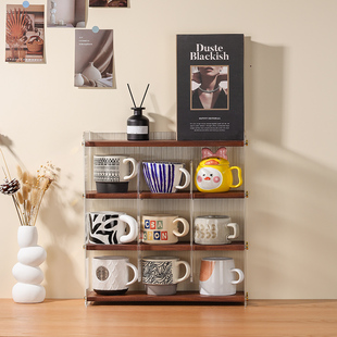 核桃木九宫格杯架置物架轻奢高级感桌面杯子茶杯实木收纳展示架子