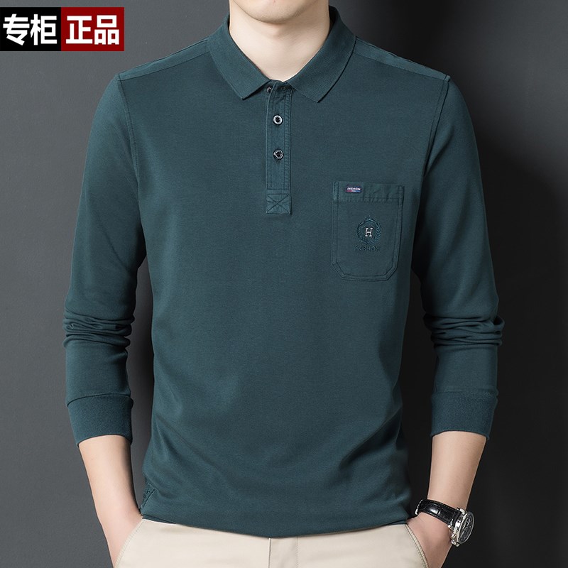 爸爸秋装上衣2021新款中老年男士长袖T恤带领有兜口袋水洗棉丅血