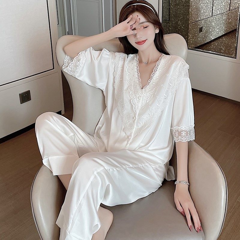 真丝睡衣女夏季2025年新款夏高级感网红蕾丝宫廷风短袖长裤家居服