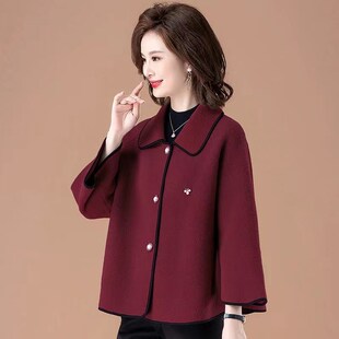 洋气百搭春秋上衣中年高档双面毛呢 外套中老年女时尚 新款 妈妈秋装