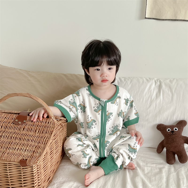 儿童薄款夏款睡袋宝宝前四後二纱布连身睡衣男女童透气分腿防踢被