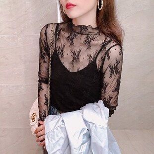 女200斤胖MM蕾丝木耳边t恤上衣春秋 半高领网纱打底衫 加肥大码 女装