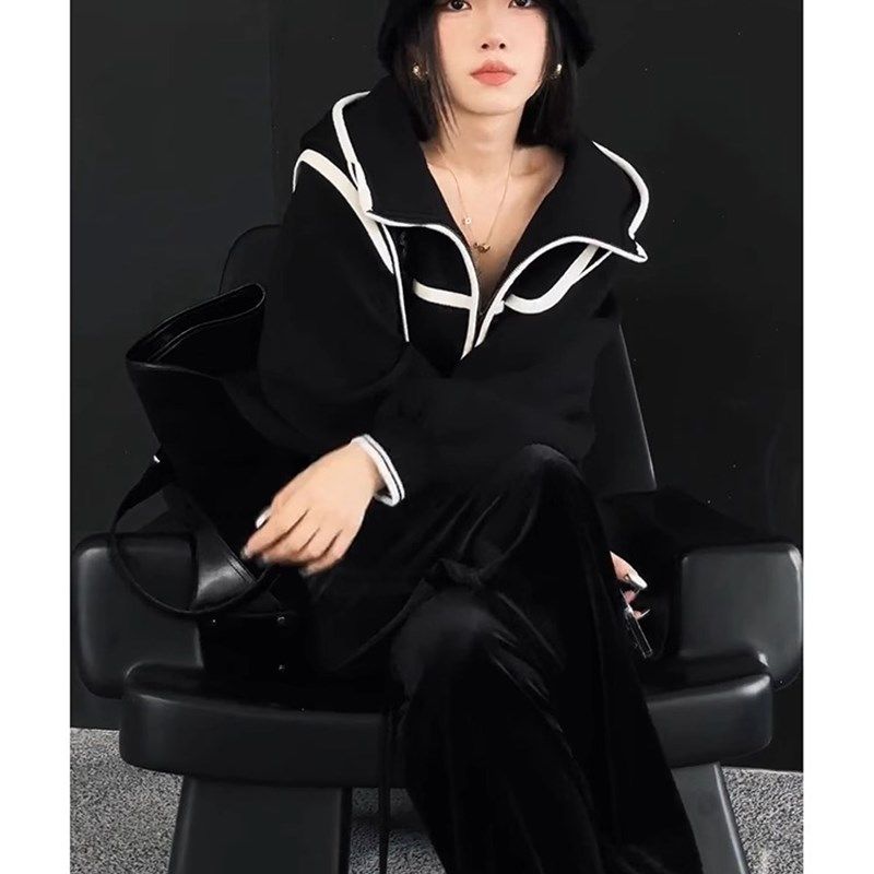 胖mm大码女装秋季新款设计感黑白撞色连帽外套女宽松显瘦上衣夹克