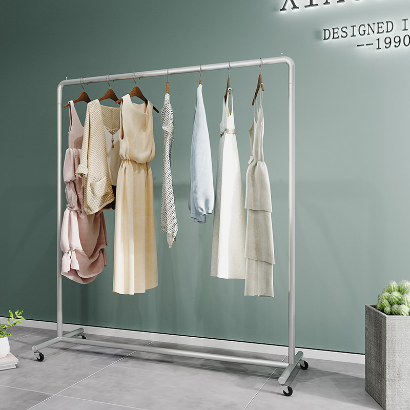 欧美风简约家用新款不锈钢晾衣架服装店女装陈列架子可移动带滑轮