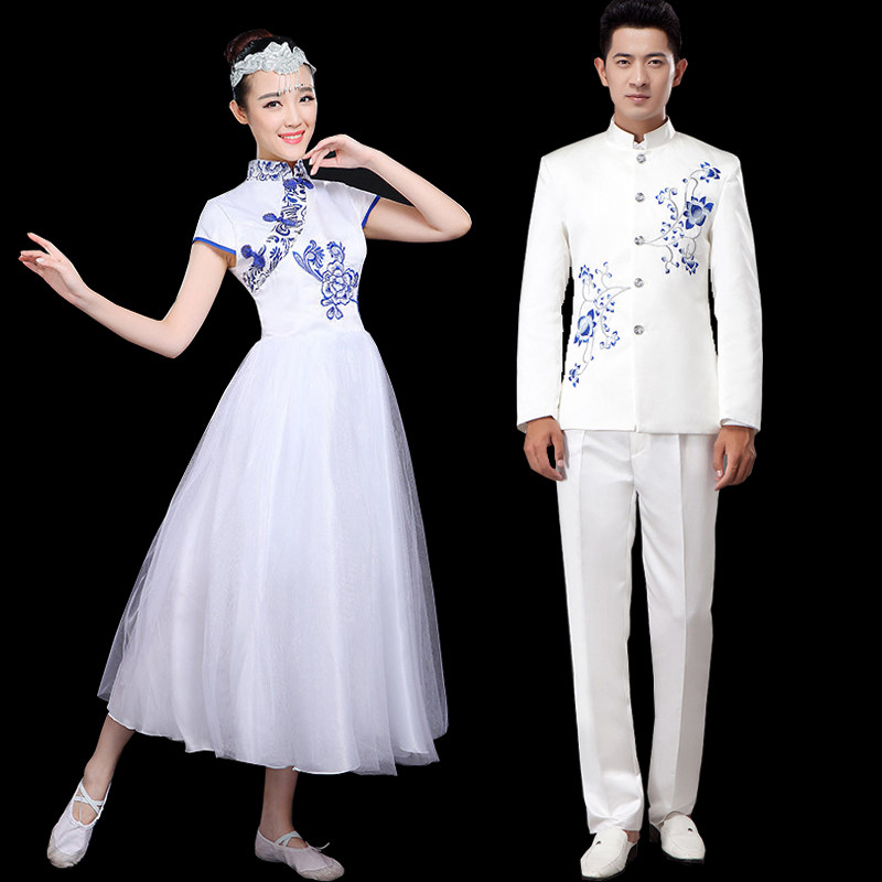 青花瓷大合唱演出服女纱裙学生合唱服装成人连衣裙二胡古筝表演服
