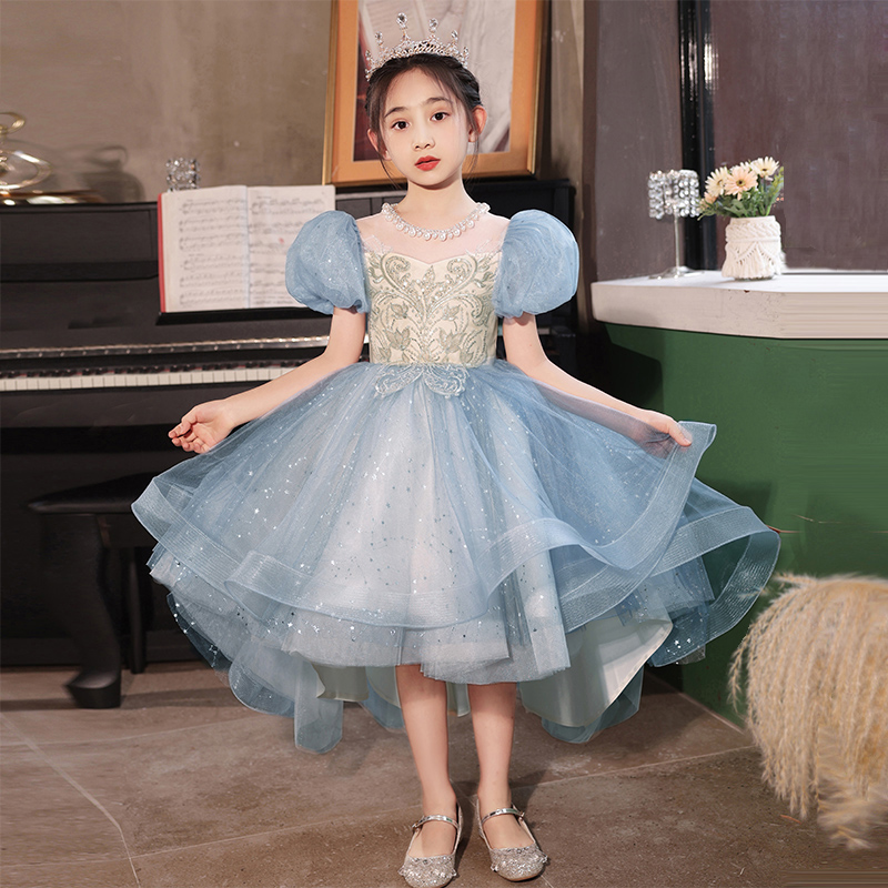 女童礼服前短後长高端儿童主持人演出服花童婚礼小女孩公主裙蓝色