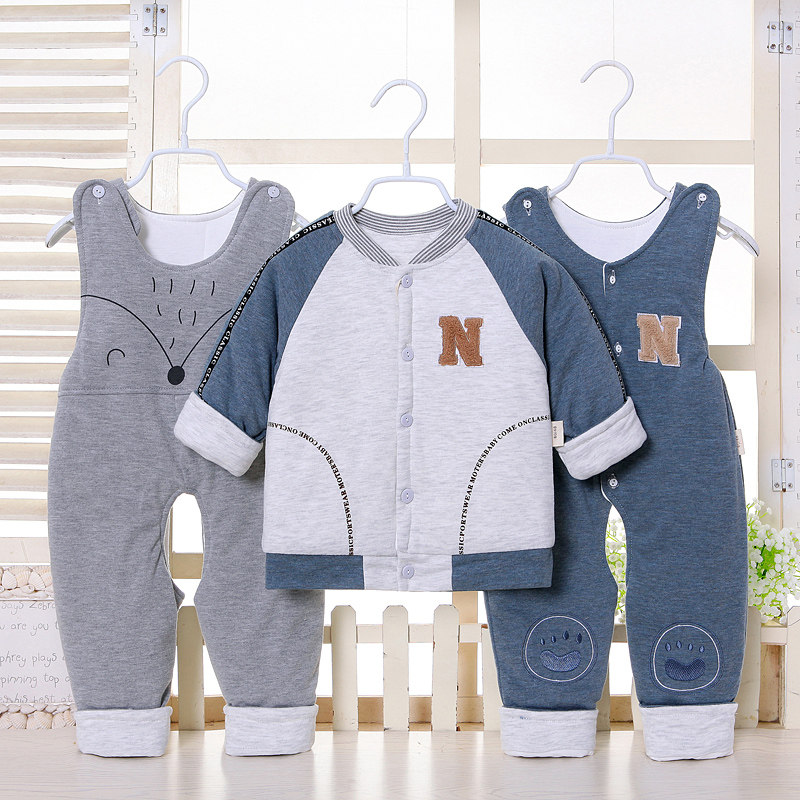 婴儿棉衣春秋套装背带新生儿衣服春季0-1岁宝宝薄棉衣夹棉三件套