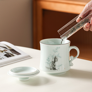 影青陶瓷月牙杯过滤茶杯茶水分离泡绿茶杯带盖水杯个人专用马克杯