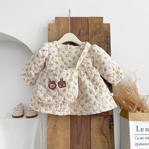 女童夹棉碎花加绒连衣裙宝宝冬季裙子婴儿长袖加厚保暖公主裙送包