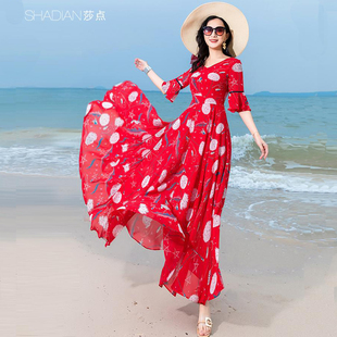 大摆雪纺连衣裙2021新款 女夏沙滩裙裙子波西米亚海边度假长裙脚踝