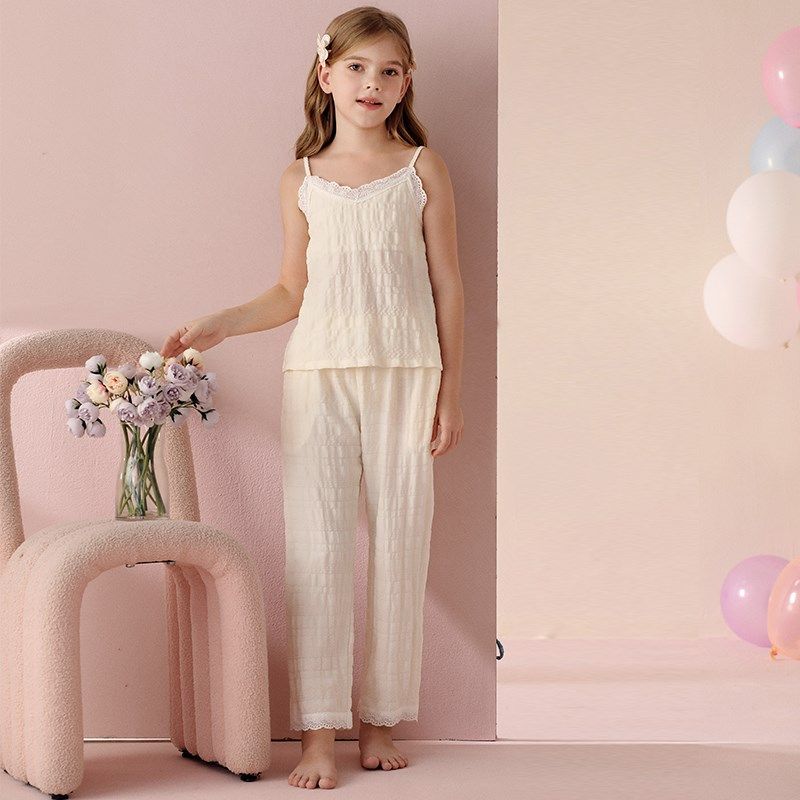 儿童睡衣女童居家服春秋季纯棉长袖吊带三件套洋气女孩亲子款套装