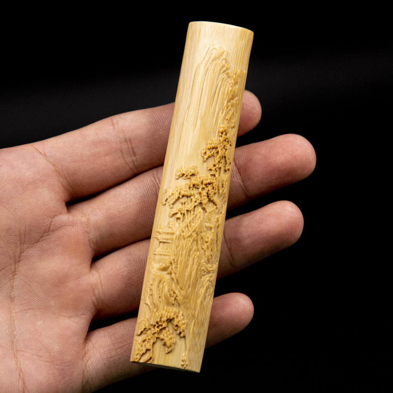 艺竹情纯手工实心玉竹竹雕《浮雕山水》竹子文玩收藏实心竹把玩件