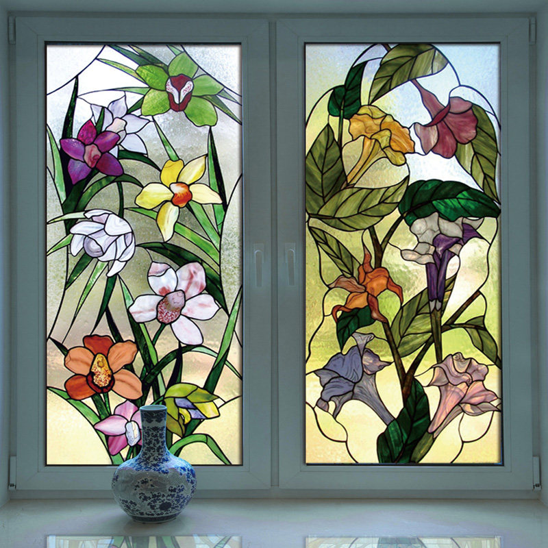 教堂彩色玻璃贴膜定制 窗户移门防晒不透花朵镜子装饰衣橱柜贴纸