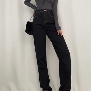 复古加厚明线弹力直筒高腰牛仔长裤2022新款欧美棕色裤子显瘦百搭