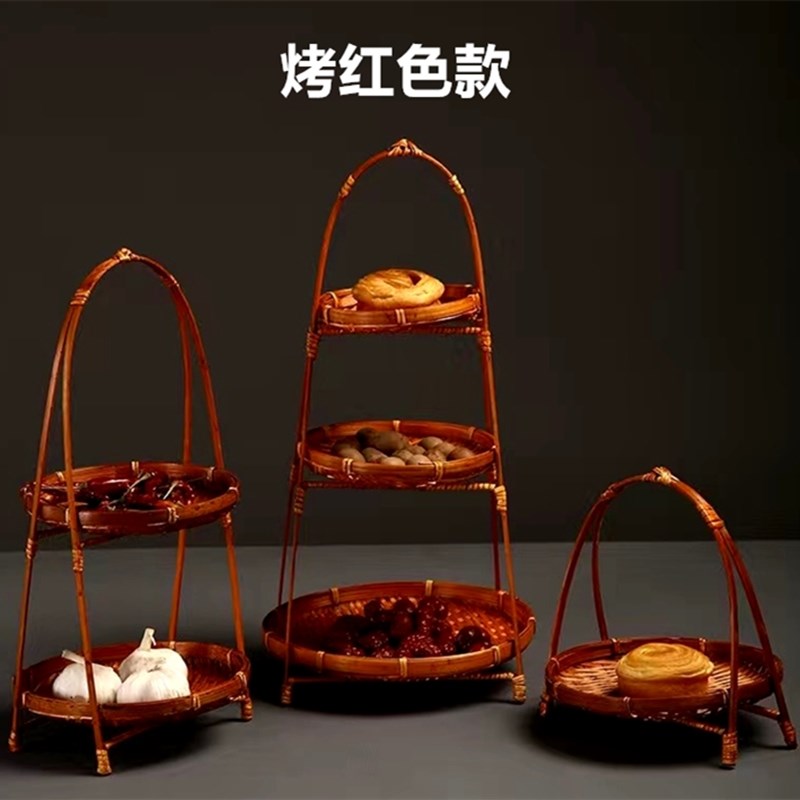 多层竹编篮竹编小提篮圆形提手茶点水果篮子糕点托盘创意小竹篮