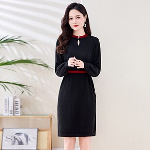 新中式盘扣针织连衣裙女秋冬季小个子修身显瘦配大衣打底毛衣裙