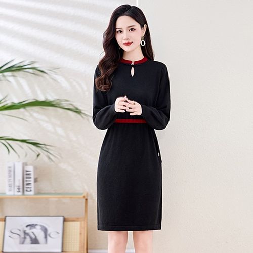 新中式盘扣针织连衣裙女秋冬季小个子修身显瘦配大衣打底毛衣裙