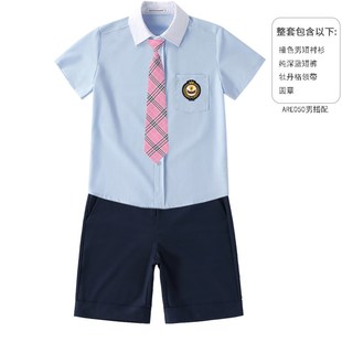 套装 JK制服白色蓝色短袖 短裤 学院风男女学生格子裙班校服夏季 衬衫