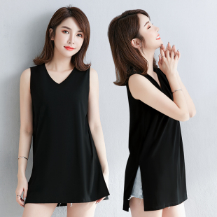 黑色吊带背心女夏外穿V领大码宽松上衣中长款遮肚下摆开叉无袖t恤