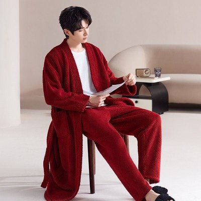 半边绒睡袍男秋冬季加厚珊瑚绒红色本命年睡衣女浴袍男长款家居服
