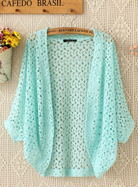 网红蕾丝薄开衫外套春夏外搭空调衫宽松蝙蝠镂空五分袖女披肩网衫