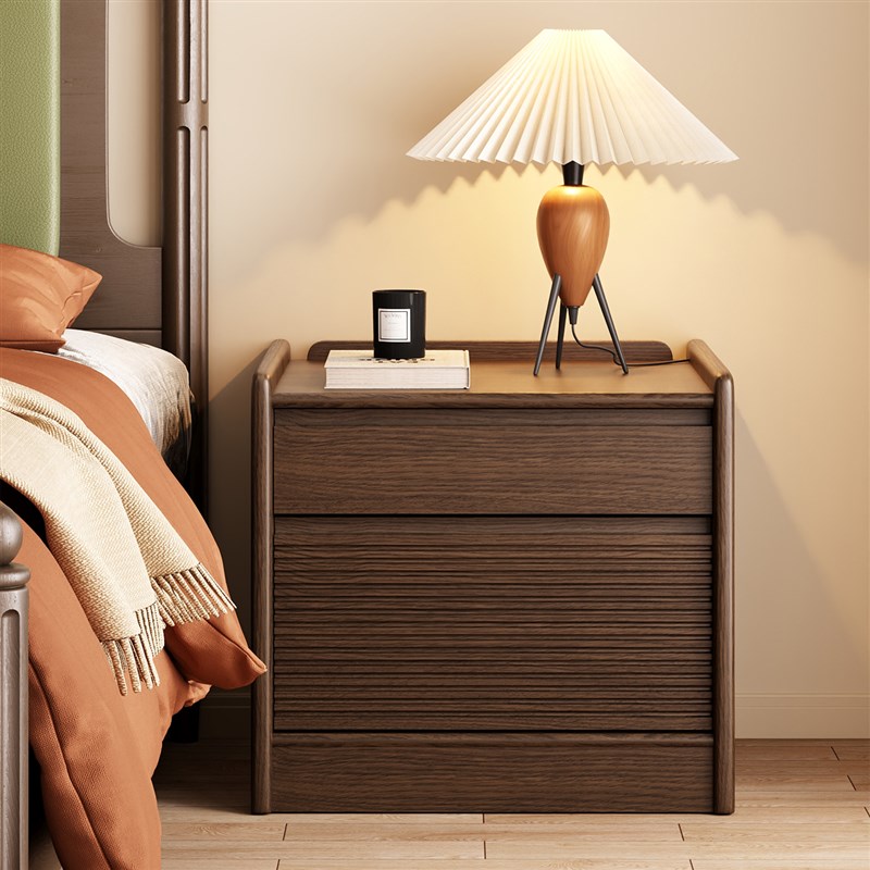三梦全实木床头柜家用卧室黑胡桃木床边柜简约现代小型收纳柜子