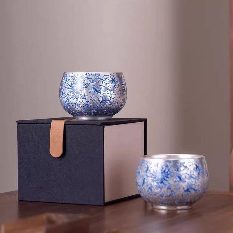 周鸿杰鎏银缠枝莲青花主人杯高端中式个人专用茶杯茶盏茶具礼盒装