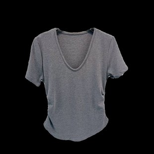 熙2025夏季 高级感U领露锁骨个性 V领褶皱收腰版 上衣女 t恤 短袖 元