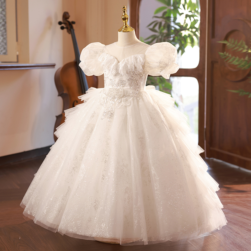 儿童晚礼服女童公主裙高端白色亮片走秀蓬蓬裙主持人钢琴演出秋冬