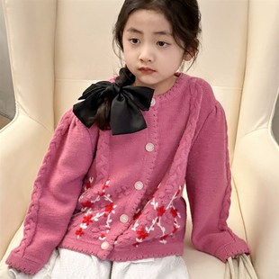 洋气中大童装 新款 上衣新年衣服 外套2024春装 女童毛衣儿童针织开衫