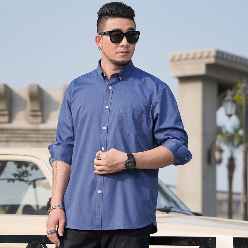 春季加肥加大码男士长袖衬衫胖人宽松休闲牛仔风衬衣弹力胖子上衣