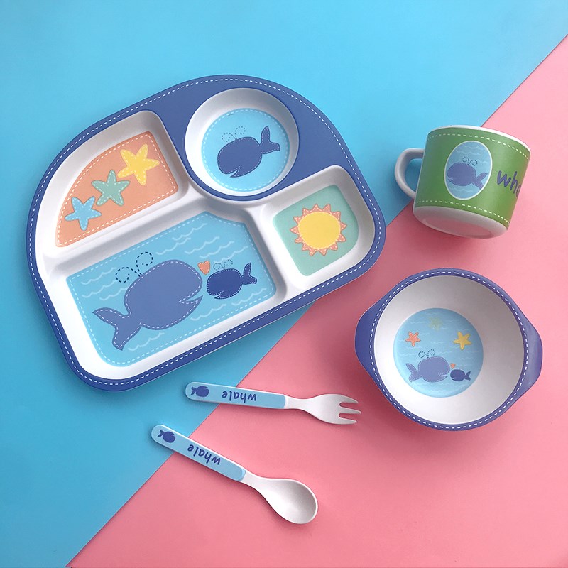 竹纤维儿童餐具套装卡通辅食碗宝宝吃饭分格盘子小孩子餐盘勺叉杯