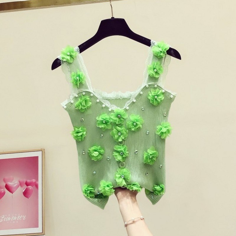 甜美清新钉珠镶钻立体花朵蕾丝边针织吊带背心女2024夏季修身上衣