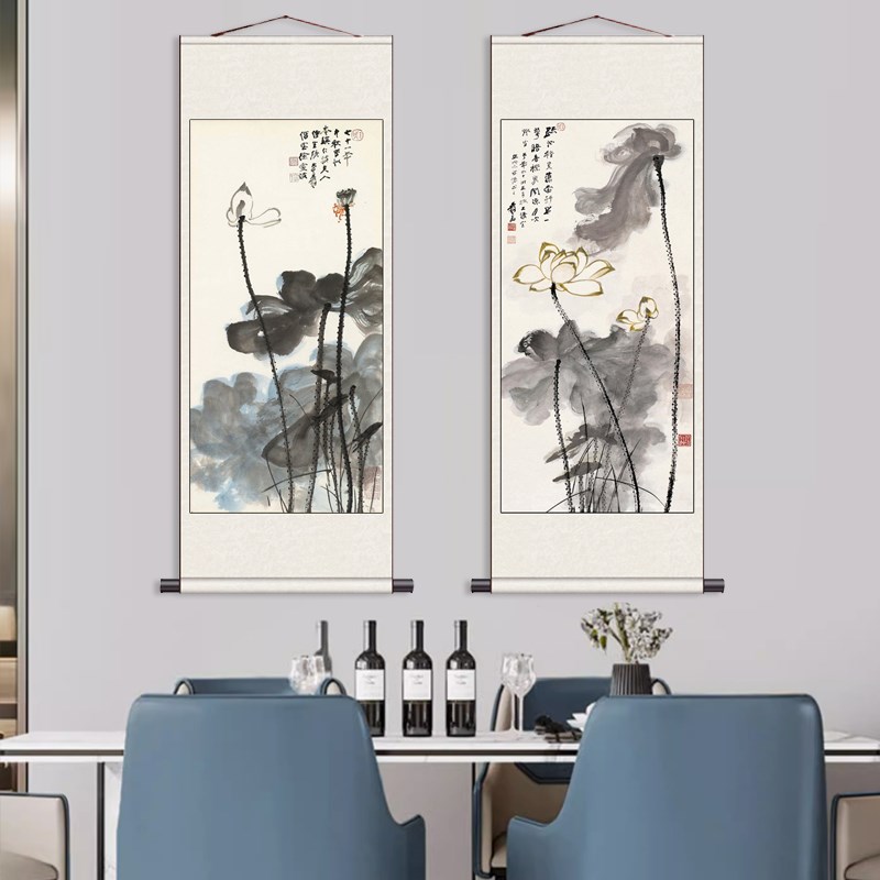 水墨花鸟画荷花卷轴画国画客厅装饰画清雅茶楼壁画书房字画定制新