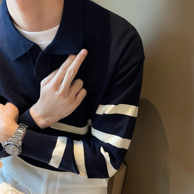 英伦式翻领拼撞色横条纹polo毛衣休闲打底落肩宽松款潮男针织衫