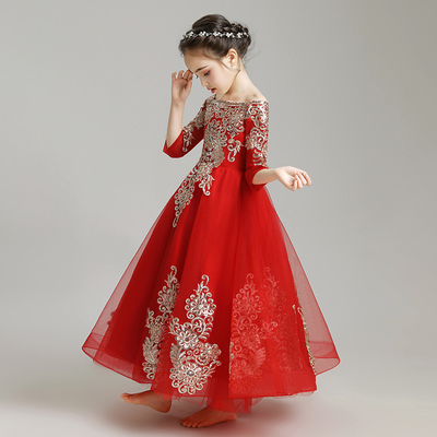 花童礼服女童公主裙儿童婚纱蓬蓬纱长袖小主持人晚礼服演出服红色