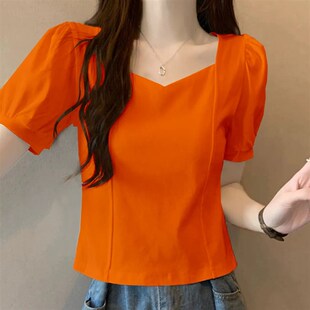 法式泡泡短袖t恤女夏季甜美方领修身显瘦遮肚子上衣百搭鱼骨小衫