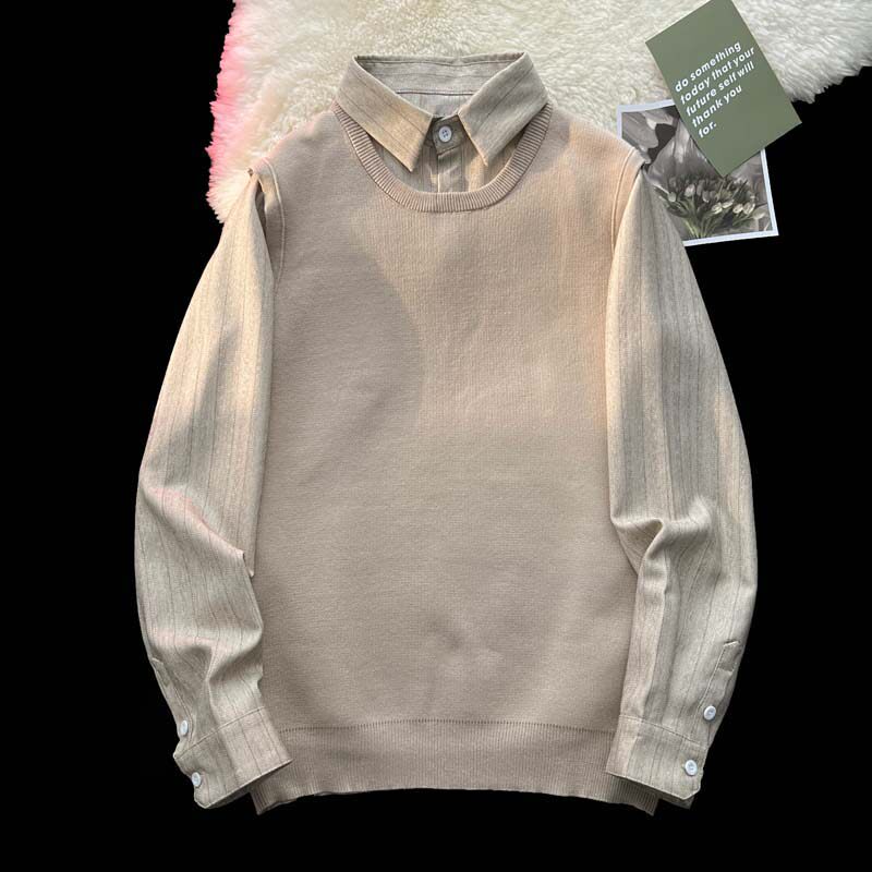 轻熟风修身假两件针织衫毛衣男士休闲宽松毛衫拼接衬衫领上衣外套