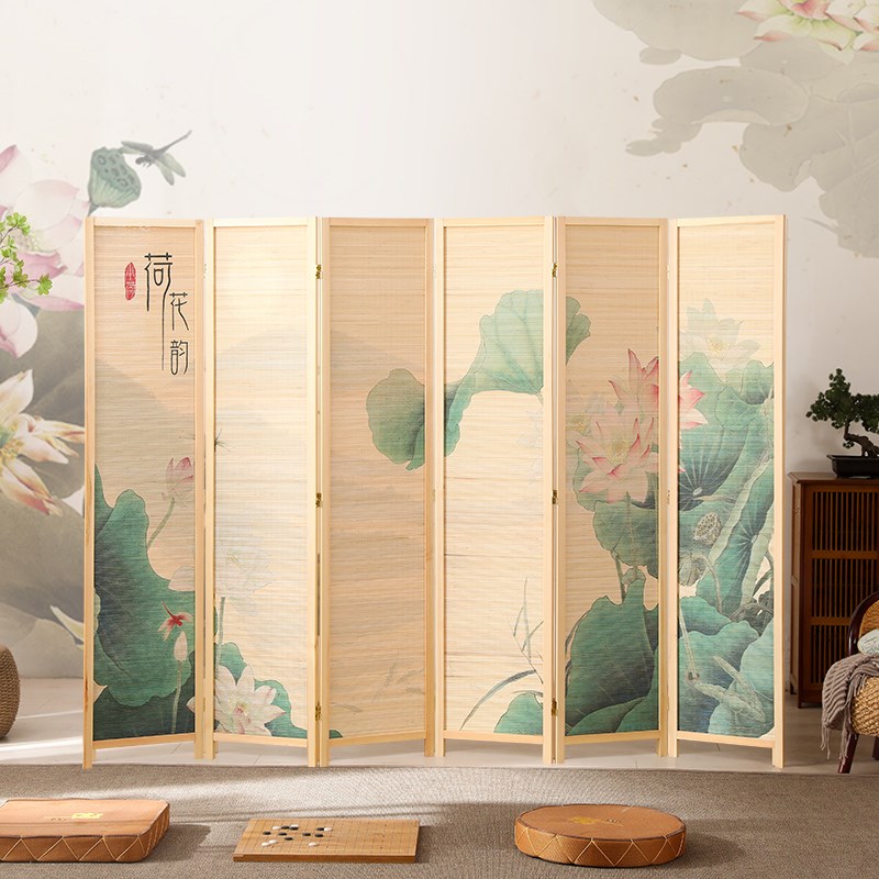 荷花实木竹编屏风新中式玄关茶室办公室入户隔断客厅进门遮挡折叠