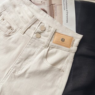 女秋冬款 米白色加绒牛仔裤 高腰毛边显瘦紧身小脚裤 百搭小白裤