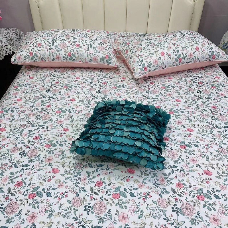 出口1纯棉田园风小花双人床单枕套三件套全棉褥单枕代15/1.8床品