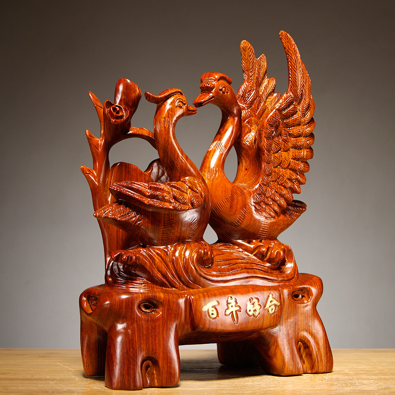花梨木雕刻百年好合天鹅摆件家居客厅电视柜酒柜装饰品结婚送礼品