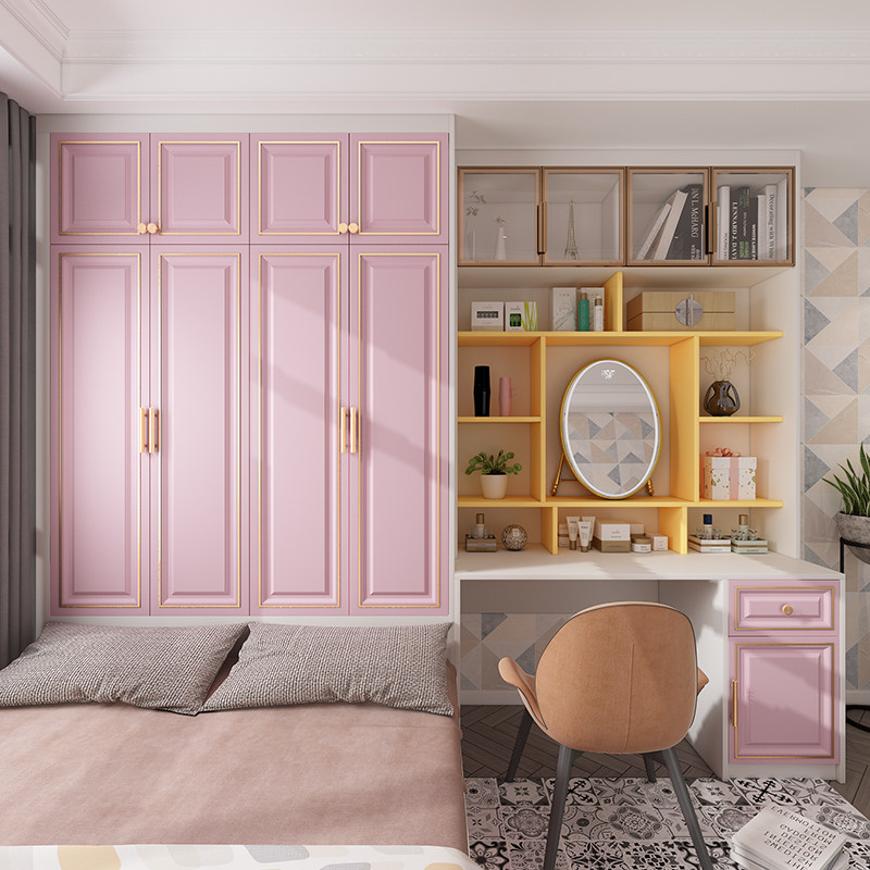 儿童粉色榻榻米床衣柜一体带电脑桌卧室衣帽间踏踏米床板式床定制,住宅家具,板式床,淘宝优惠券,粉丝福利购,淘宝优惠卷