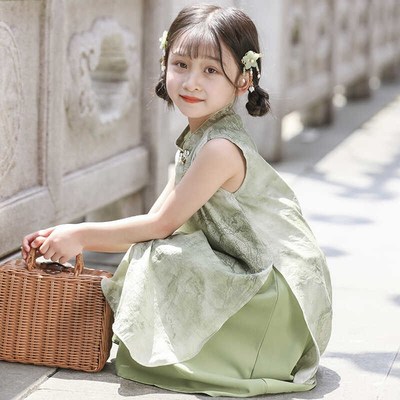 新中式旗袍女童中国风绿色裙子夏季2024新款宝宝古风汉服连衣裙